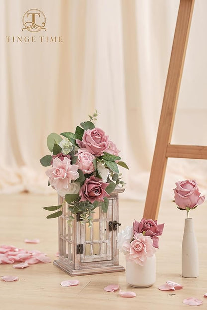 TINGE TIME Artificial Flowers, 25pcs Real Looking Gradient Purple Pink Rose Fake Roses w/Stem for DIY Wedding Bouquets Centerpieces Arrangements Party Baby Shower Home Decorations