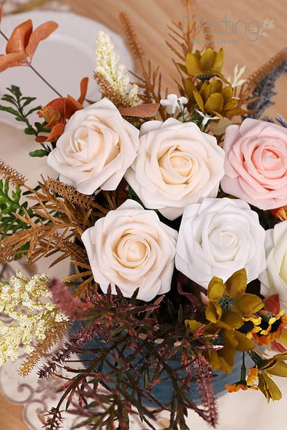MACTING Artificial Flower Roses 30PCS Real Touch Fake Flowers with Stem Foam Roses for DIY Wedding Bouquet Table Centerpieces Bridal Shower Party Home Spring Valentines Day Decorations (Cream)