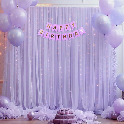 10x8ft Purple Tulle Backdrop Curtain with Lights String for Parites, Sheer Backdrop Curtains for Wedding Baby Shower Birthday Party Photo Shoot Decorations