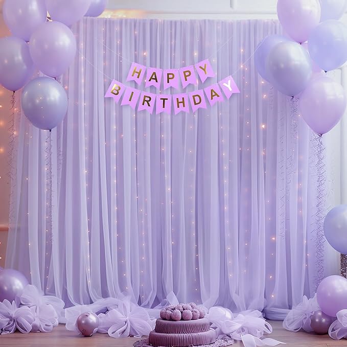 10x10ft Purple Tulle Backdrop Curtain with Lights String for Parites, Sheer Backdrop Curtains for Wedding Baby Shower Birthday Party Photo Shoot Decorations