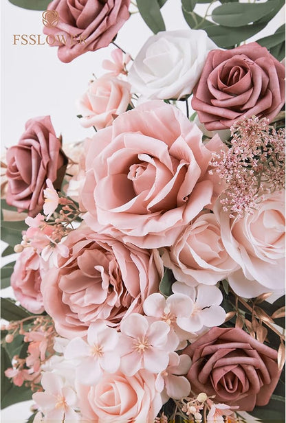 Wedding Arch Flowers with Drapes Kit (Pack of 3) - 2pcs Artificial Dusty Pink Deluxe Swag with 1pcs Sheer Drapes for Wedding Ceremony Backdrop Rose Floral Decoration Arbor Reception