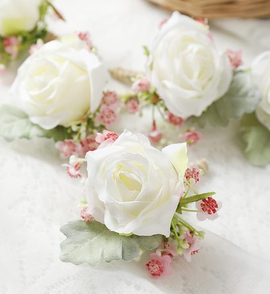 White Rose Boutonnieres for Men Wedding Baby's Breath Boutonniere for Best Men Groom Groomsmen Wedding Prom Set of 6 (6 White+Pink Boutonnieres)