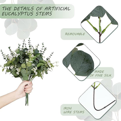 Artificial Eucalyptus Leaves Stems 120 Pcs 4 Kinds Mixed Fake Silver Dollar Eucalyptus Leaves Stem with Babysbreath Bulk Faux Leaf for DIY Bouquets Floral Arrangement Wedding Home Decor
