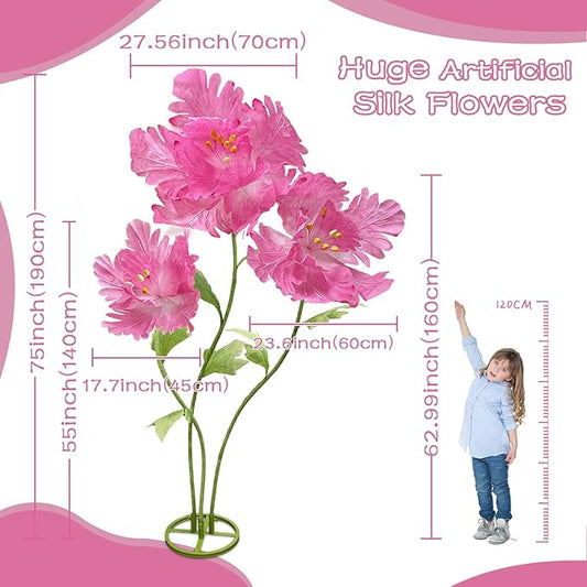 Giant Artificial Flower Decoration 3PCS Large Decorative Fake Flower wall Backdrop Decorations Home Wedding Party 3D Realistic Artificial Flowers for Birthday Festival Mall Window Decor (Rose Red)