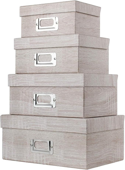 Briful Photo Boxes with Lids - 4 in 1 Set Waterproof Storage Boxes with Handles - Decorative Multiple Size Storage Bins for Clothes/Shoes/Office/Cosmetic/Books