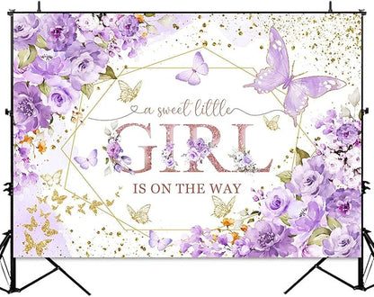 Sensfun Butterfly Baby Shower Backdrop A Sweet Little Girl is On The Way Photography Background Purple Butterfly Floral Princess Baby Shower Decorations Banner Party Supplies Photoshoot Props 8x6ft
