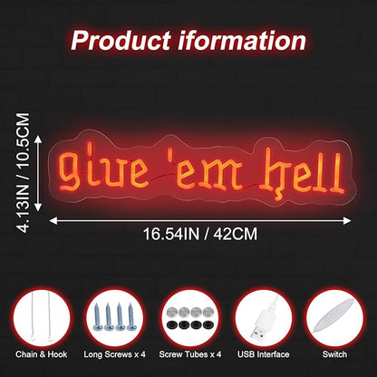 Give Em Hell Neon Sign,Trendy Neon Wall Decor, Dorm Apartment Theme, Funny Girl Power Sign, Gothic Home Decor for Man Cave, Bar,Game Room,Club Decor,Living Room Birthday Party