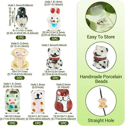 Beadthoven 7Pcs Animals Ceramic Beads, Assorted Printed Handmade Porcelain Beads Colorful Pattern Cow Rabbit Dog Penguin Loose Craft Spacers for DIY Crafts Bracelet Earring Necklace Jewelry Making