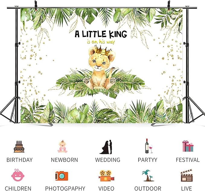 5x3ft Baby Shower Backdrop A Little King is On His Way Photography Background Lion Crown Jungle Forest Green Leaf Kid Birthday Party Banner Decorations Newborn Portrait Photo Booth Prop