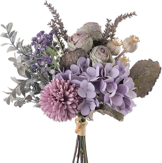 13-inch Small Artificial Fake Flowers for Table Arrangements, Silk Faux Bouquets with Three Roasted Edge Roses, Hydrangeas, Globeflower, babysbreaths, Ideal for The Kitchen or Bedroom.