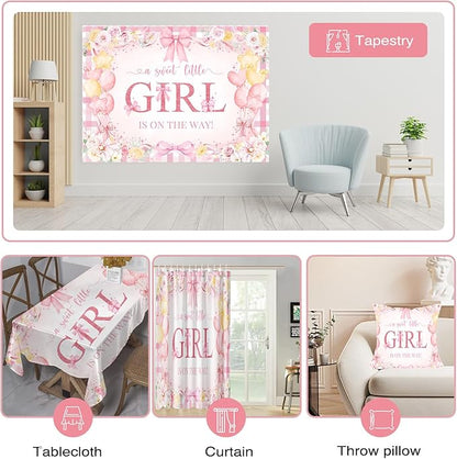 Mocsicka 7x5ft Girl Baby Shower Backdrop Pink Bow Floral Sweet Baby Girl is On The Way Decorations Banner Watercolor Balloon It's a Girl Banner Photo Booth Props (7x5ft (82x60 inch))