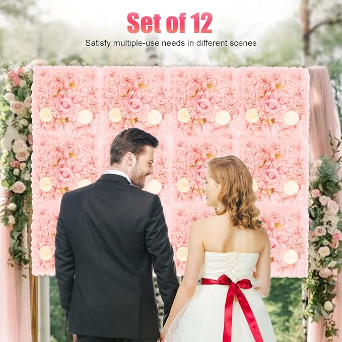 12Pcs Artificial Flower Wall Panel 3D Floral Backdrop Wall 15" X 15" Flower Walls Decor Flower Backdrop Faux Flowers Panel for Wedding Party Home Decoration, Pink/Champagne