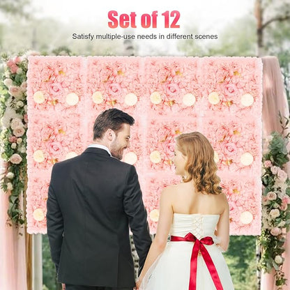 12Pcs Artificial Flower Wall Panel 3D Floral Backdrop Wall 15" X 15" Flower Walls Decor Flower Backdrop Faux Flowers Panel for Wedding Party Home Decoration, Pink/Champagne