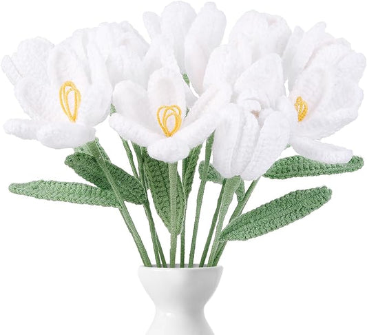 YoungJoy Crochet Rose 12 Pcs Handmade Knitted Flowers Tulip Sunflower Daisy Heart Artificial Knitted Floral Mother Day Graduation Home Decor(Pink Tulip)