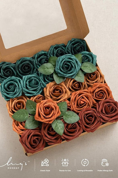 Ling's moment Artificial Flowers, 25Pcs 3" Roses in Teal Shades, Realistic DIY Foam Floral Decor for Wedding Bouquets/Centerpieces, Outdoor Party Backdrops, Room/Table, and Garden/Pot Decorations