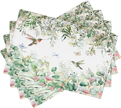 Natural Bird Placemats, Green Spring Watercolour Botanical Flower Butterfly Hummingbird Fly Print Washable Fabric Placemats Table Kitchen Dining Party 12x18 Inch Set of 6