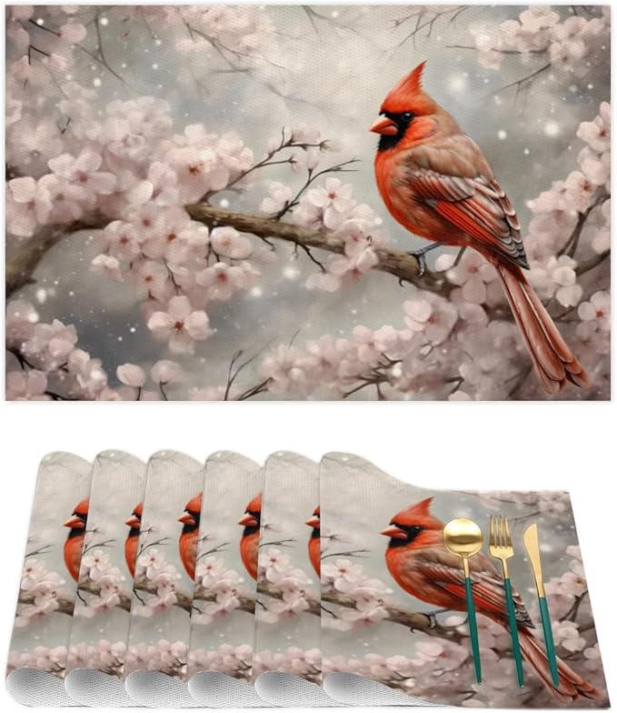 PVC Placemats Set of 4 Winter Red Cardinal Flower Wipeable Table Mats Washable Heat Resistant Non Slip Vinyl Dining Table Mat for Kithen Indoor Outdoor Patio Farmhouse Place Mats Decorative