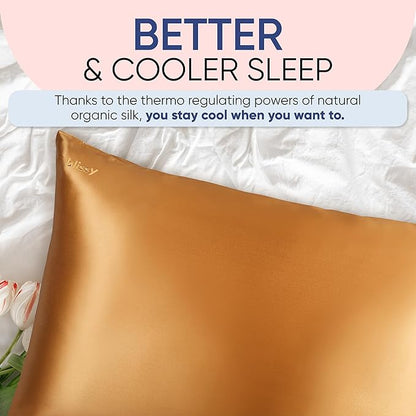 Blissy Silk Pillowcase - 100% Pure Mulberry Silk - 22 Momme 6A High-Grade Fibers - Silk Pillow Cover for Hair & Skin - Regular, Queen & King (Gold, Queen)