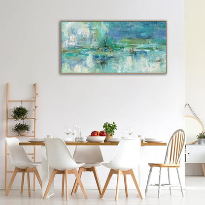 VEAEE Teal Framed Abstract Wall Art - Turquoise Green Colorful Modern Canvas Pictures, Living Room Wall Decor, Contemporary Landscape Painting Prints for Bedroom Bathroom Office Decor 20" x 40"