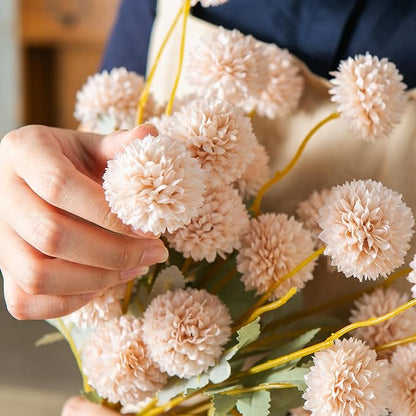 6 Artificial Silk Flowers + 3 Eucalyptus, Artificial Chrysanthemums with Stems for Home Decor,Bumnt Beige