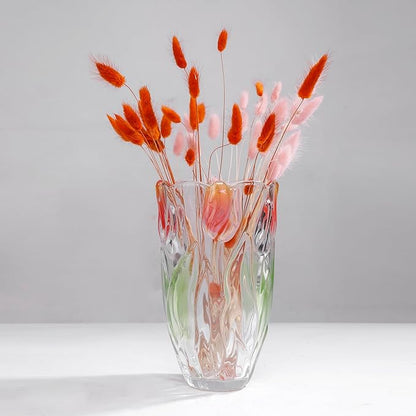 Glass Flowers Vase 9.3 inch Tall, Unique Crystal Vases for Tables Centerpieces, Vintage and Tulip Shape Large Vases Christmas Thanksgiving Gifts. (Green)