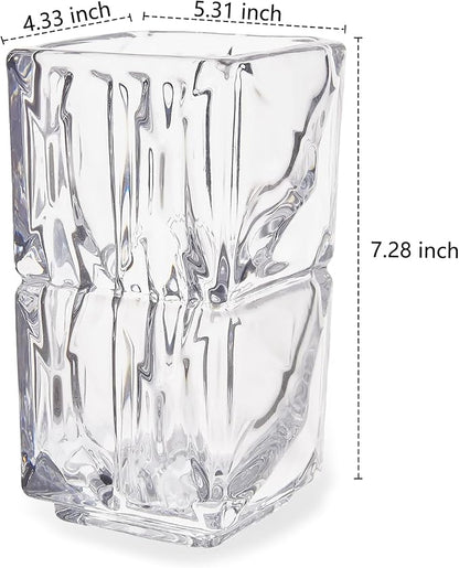 VECELO Crystal Glass Vase - Textured Clear Flower Vase for Fresh Flowers & Hydroponic Plants, Modern Decorative Centerpiece for Dining Table, Coffee Table & Home Décor, 7.28 Inches