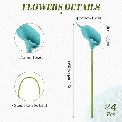 24 Pcs Teal Flowers Artificial Calla Lily Flower Fake Teal Silk Flowers Real Touch for Wedding Bouquet Home Kitchen Decor