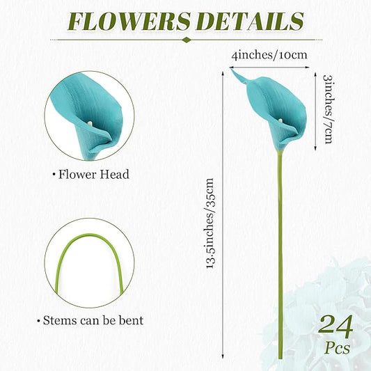 24 Pcs Teal Flowers Artificial Calla Lily Flower Fake Teal Silk Flowers Real Touch for Wedding Bouquet Home Kitchen Decor