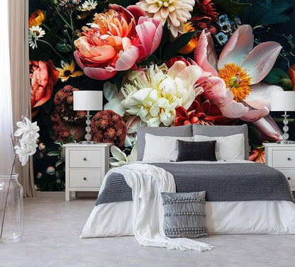 Large Floral Wallpaper Dark Peony Flowers Wall Mural for Living Room Bedroom（Not Peel and Stick）