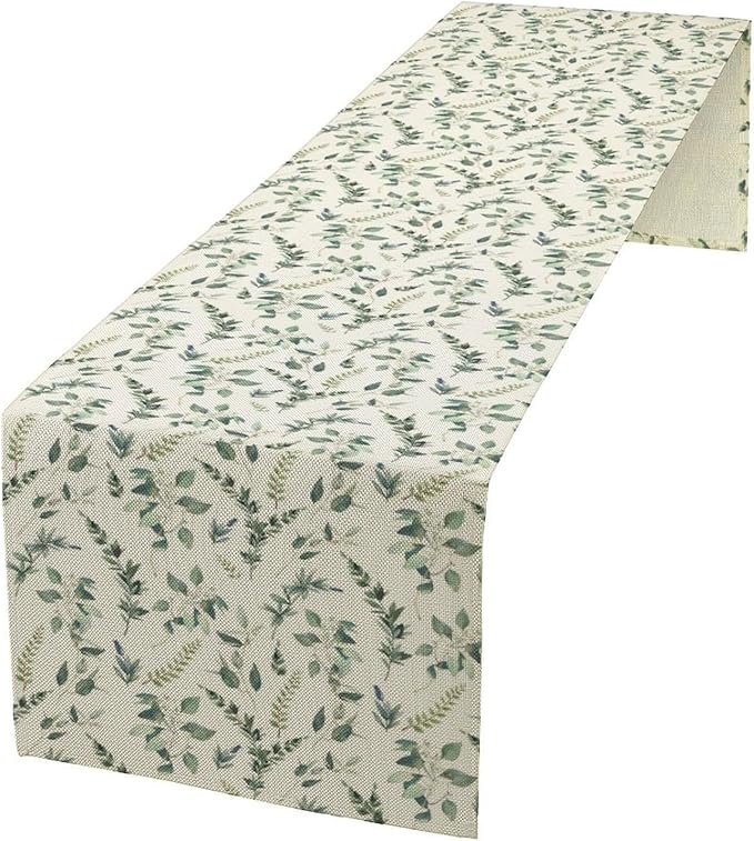 Watercolor Leaf Table Runner, Green Botanical Leaves Nature Decor Table Runner for Kitchen Dining Party Picnic Decoration, 13x90 Inch