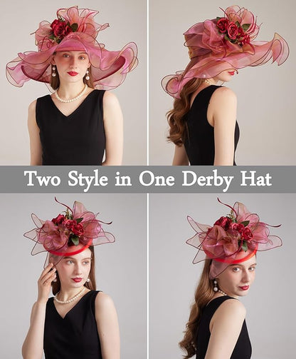 Organza Derby Hats for Women Wide Brim Fascinator Hat Rose Flower Wedding Tea Party Hat