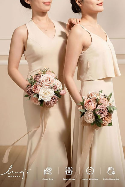 Ling's moment Champagne Gold Bridesmaid Bouquet Set of 4, Gold & Cream Wedding Bouquets for Bridesmaids, Sand Dun 7 Inch Bridal Bouquets for Bridesmaids, Wedding, Ceremony, Anniversary, etc.