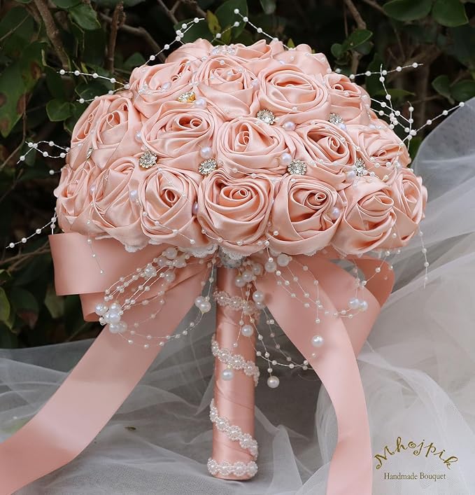 Bridal Wedding Bouquet Round Bling Brooch Bouquet Throw Toss Artificial Rose Flower Bunch for Bride Bridesmaid Wedding Quinceanera(Peach Pink, 7.5")