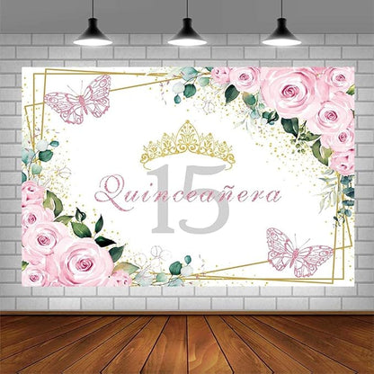 Sendy 7x5ft Quinceañera Backdrop Mis Quince 15 Anos Birthday Party Decorations Supplies for Girl Princess Pink Floral Butterfly Gold Crown Photography Background Banner Photo Booth Studio Props