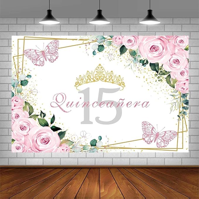 SENDY 10x7ft Quinceañera Backdrop Mis Quince 15 Anos Birthday Party Decorations Supplies for Girl Princess Pink Floral Butterfly Gold Crown Photography Background Banner Photo Booth Studio Props