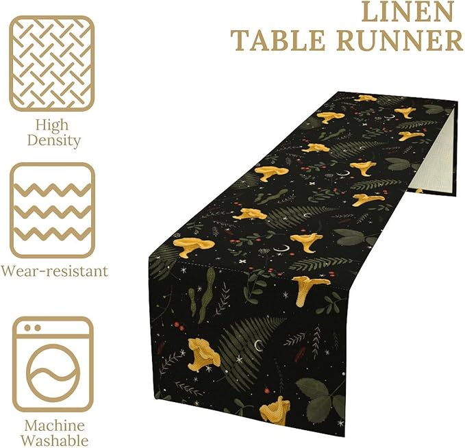 Magical Forest Table Runner, Rustic Country Wild Yellow Mushrooms Plants Botanical Herbs Print Table Runner for Holiday Farmhouse Kitchen Dining Table Decor, 13x90inch