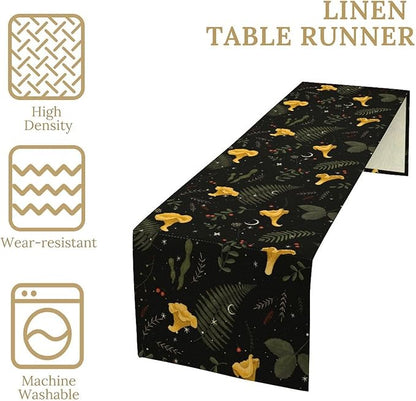 Magical Forest Table Runner, Rustic Country Wild Yellow Mushrooms Plants Botanical Herbs Print Table Runner for Holiday Farmhouse Kitchen Dining Table Decor, 13x120inch