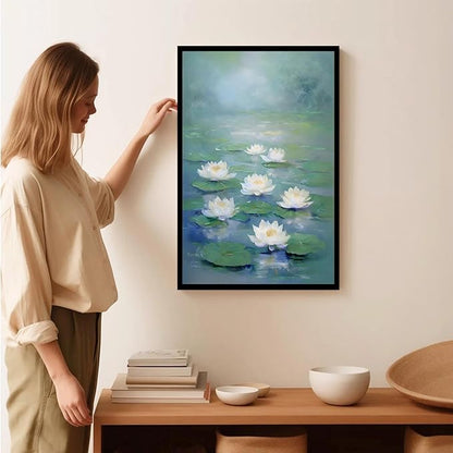 Zen wall art Delicate white lotus flower floating on calm water Vintage oil painting print Serene aquatic wall art creates a tranquil home decor 20x30in Metal blackFramed