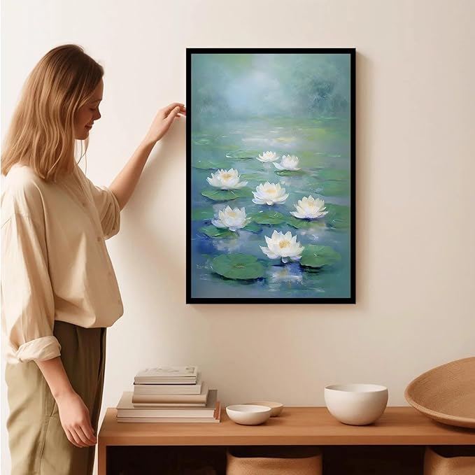Zen wall art Delicate white lotus flower floating on calm water Vintage oil painting print Serene aquatic wall art creates a tranquil home decor 8x12in Metal blackFramed