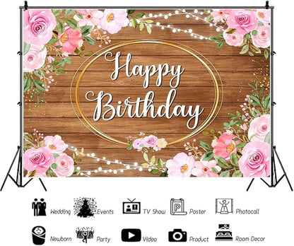 Pink Flowers Happy Birthday Banner Brown Wooden Floral Happy Birthday Backdrop for Women Golden Frame Glitter Lights Photography Background for 20th 30th Women Girl Party Decorations 5.9x3.6Ft