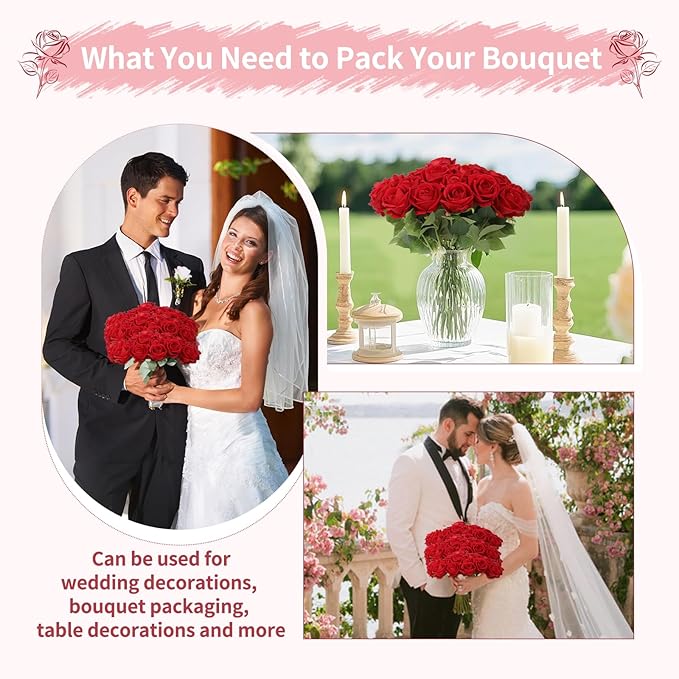 52 PCS Red Roses Artificial Flowers, Fake Red Rose Bouquet, Artificial Silk Red Roses with Stems for Wedding Flowers Decoration, Valentines Day Mothers Day, Bridal Bouquet Roses