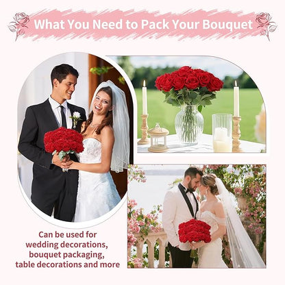 102 PCS Red Roses Artificial Flowers, Fake Red Rose Bouquet, Artificial Silk Red Roses with Stems for Wedding Flowers Decoration, Valentines Day Mothers Day, Bridal Bouquet Roses