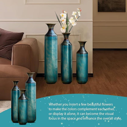 Floor Oversized Gold Metal Decorative Vase with 3D Triangle Pattern Set of 3 Large Vases for Home Living Room 33.5 ", 29.5 ", 25.2" High (Aqua Blue)