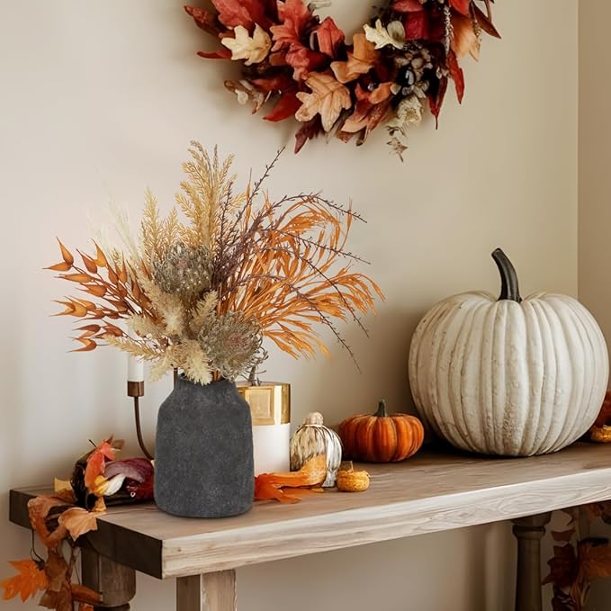Hollyone Faux Fall Pampas Grass Decor with Vase, Artificial Pampas Grass Flowers Bouquet Plant in Ceramic Vase Fluffy Boho Home Fall Decor Fake Pompass Pompous Grass Autumn Floral Arrangement