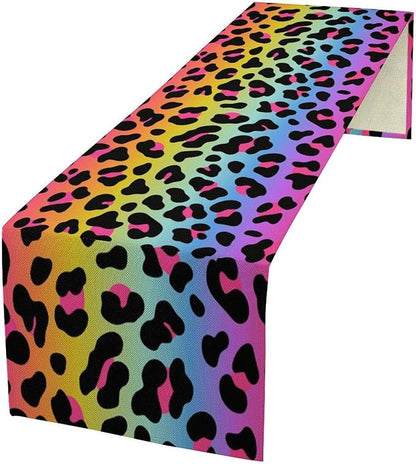 Rainbow Leopard Skin Print Table Runner, Wildlife Colorful Neon Cheetah Dots Dinner Runner Table Decoration for Farmhouse Home Kitchen Dining Table Party Holiday Decor 13x120in