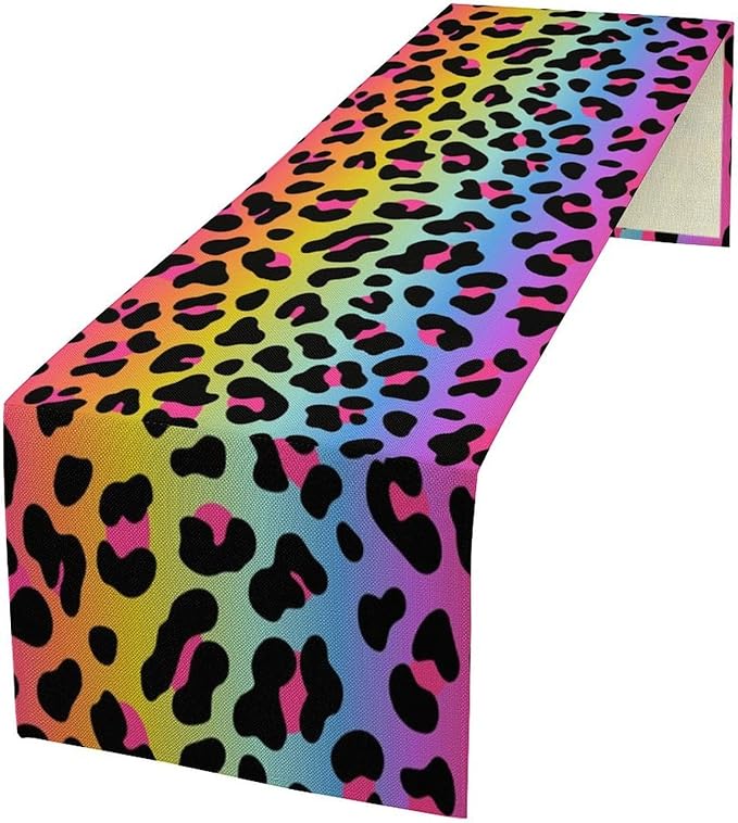 Rainbow Leopard Skin Print Table Runner, Wildlife Colorful Neon Cheetah Dots Dinner Runner Table Decoration for Farmhouse Home Kitchen Dining Table Party Holiday Decor 13x90in