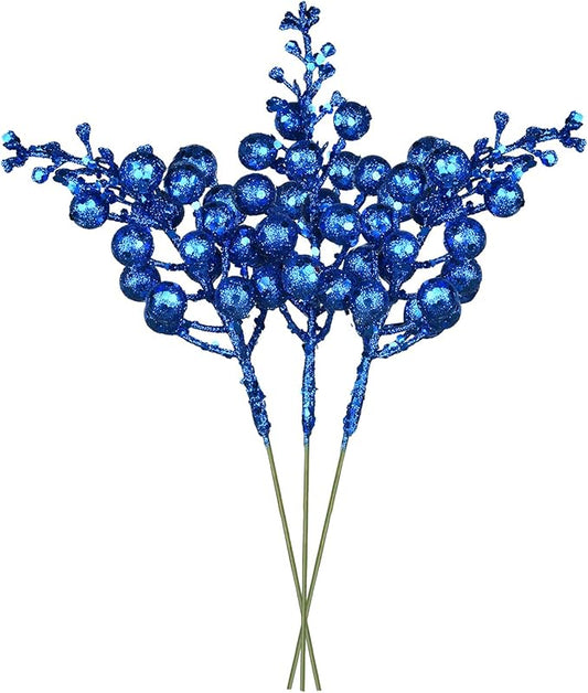 Lvydec 16pcs Christmas Glitter Berry Stems, 7.8" Artificial Christmas Picks for Christmas Tree Ornaments, DIY Xmas Wreath, Crafts, Holiday and Home Decor (Dark Blue)