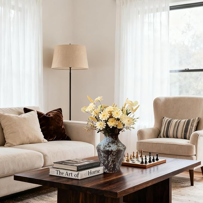 KBREE Artificial Fall Mums Bouquet, 4 Bunches Handmade Faux Daisy Flowers with Grain Stems & Foxtail, 17.7" Natural Farmhouse Mums Bouquets for Autumn Home Decor & Table Centerpieces (Pale Yellow)