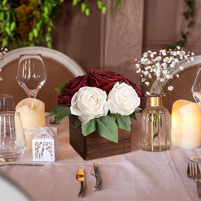 Dining Table Centerpiece Set of 3 - Pre-Made Aritifial Rose with Wooden Vase Fake Floral Arrangment Faux Flower for Wedding Bridal Tea Party Event Decorations - Burgundy & White