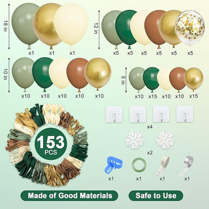 Amandir 153pcs Green Brown Balloon Garland Arch Kit, Different Sizes 18 12 10 5 inch Sage Green Ivory Gold Latex Metallic Confetti Balloon for Safari Jungle Wild One Woodland Tropical Party Decoration